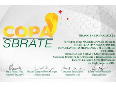 Certificado Moderador Copa SBRATE 2022 - Dr. Thiago Caixeta