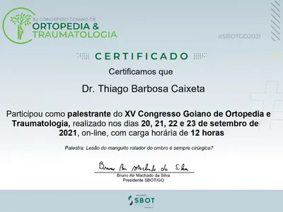 Certificado Palestrante XV Congresso Goiano de Ortopedia - Dr. Thiago Caixeta