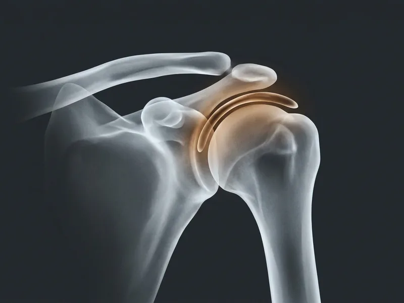 Ilustração em raio-x do ombro com a bursa subacromial inflamada destacada