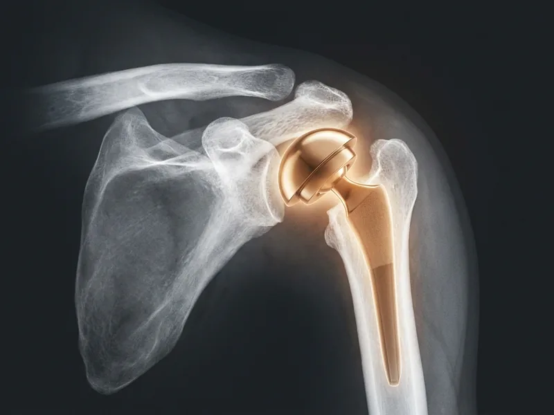 Raio-x ilustrado de artroplastia total do ombro com componente umeral