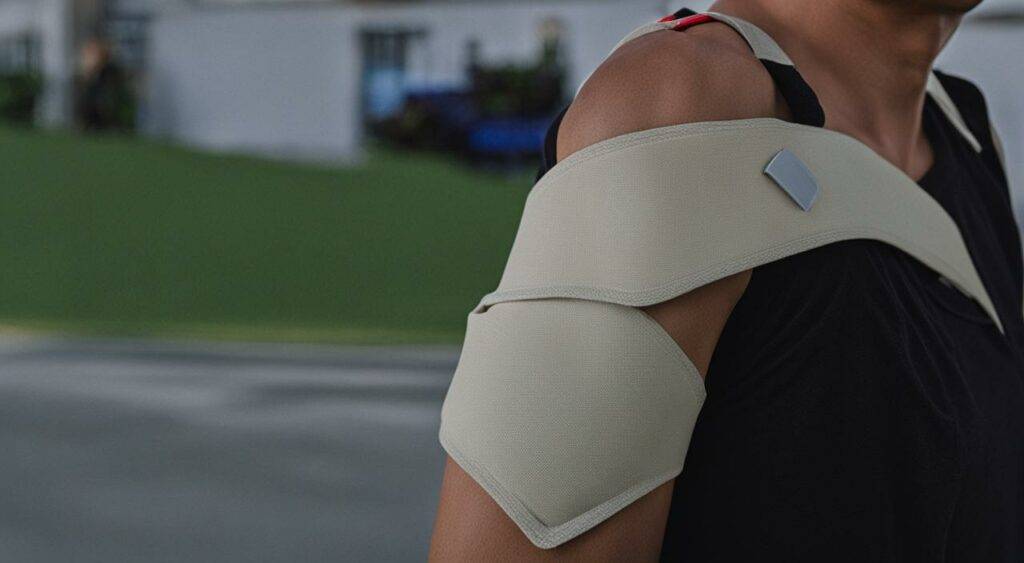 Pessoa usando tipóia para imobilização do ombro deslocado